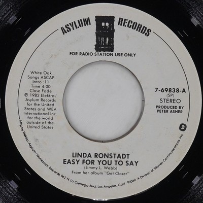 LINDA RONSTADT Easy For You To Say / Mr. Radio ASYLUM 7-69838 VG+ 45 1983 7'' Pop