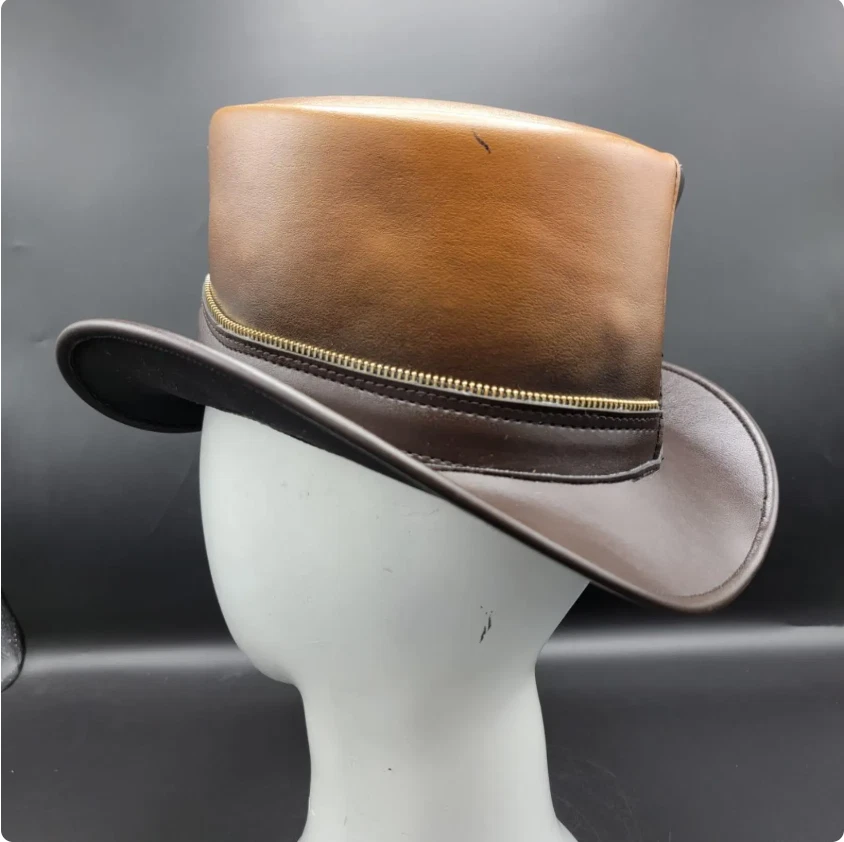 Sombrero Steampunk de Cuero Marrón Hecho a Mano Cremallera de Latón Gótico Festival Victoriano Foto 3 de 4