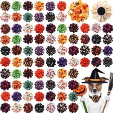 80 PCS Halloween Dog Collar Flowers Bulk Pet Bows Pumpkin Style Grooming Tie