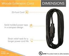 Light Duty Extension Cord, 25Ft, 16 Gauge, 3 Conductor, Office Cord, SJTW, Bl...