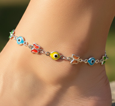 Elegant 925 Silver Plated Evil Eye Anklet Colorful Butterfly Charm Boho Chain