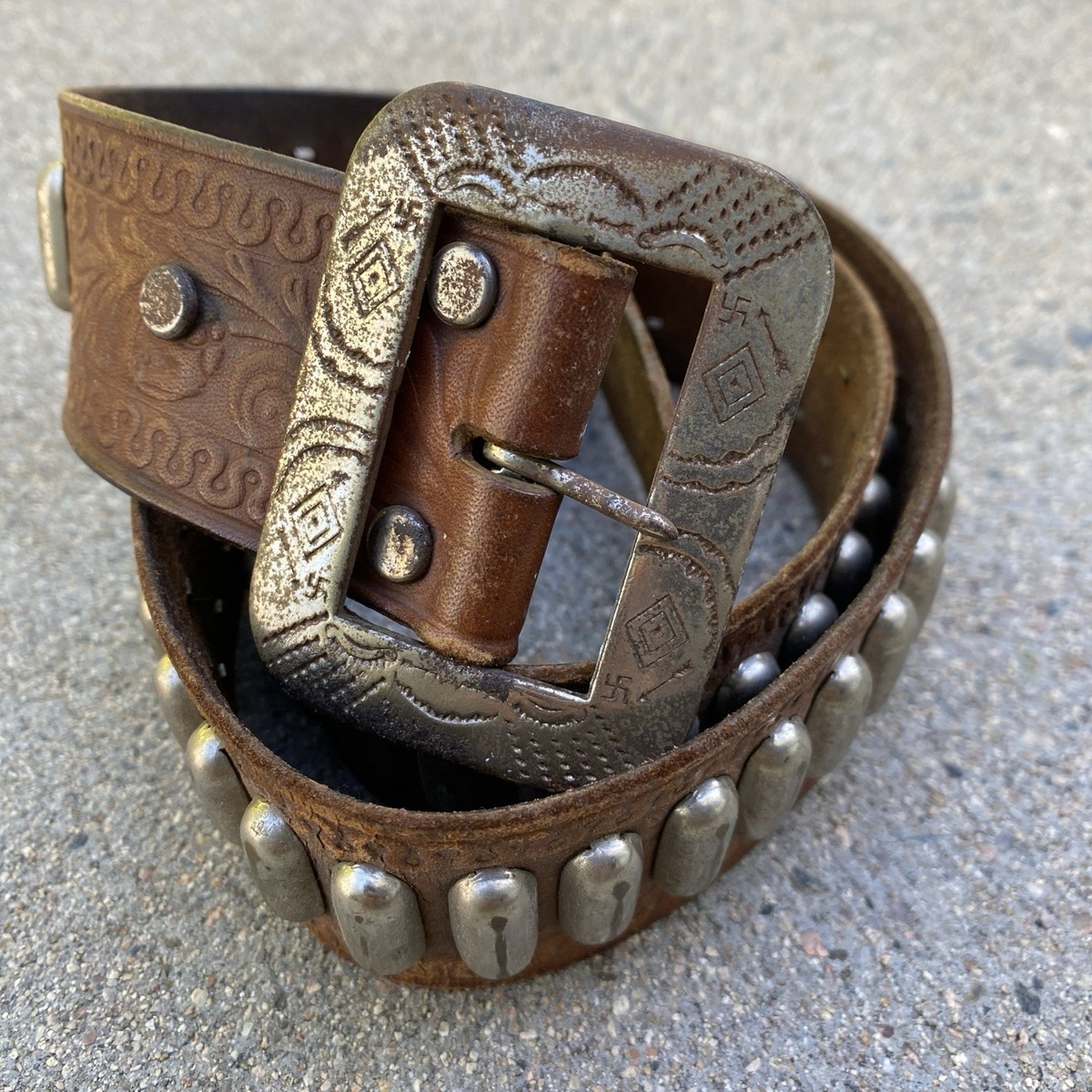 Vintage 1930s Studded Western Belt Leather Whirling Log Buckle