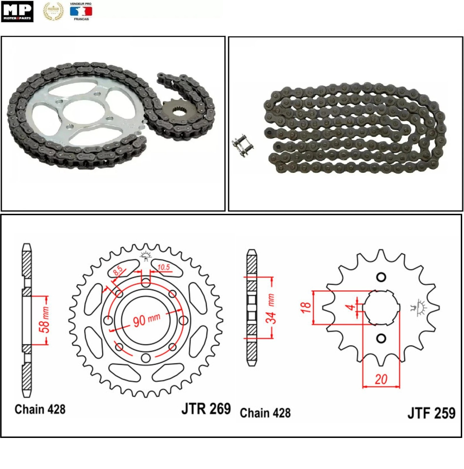 Kit chaine 428 Daelim VT 125 Evolution anti-deraillement pignon acier couronne 14-42 dents