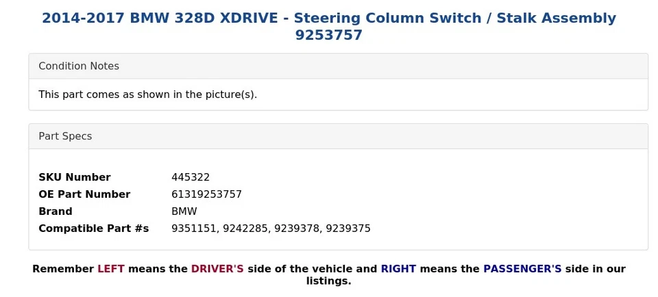 2014-2017 BMW 328D XDRIVE — переключатель рулевой колонки / ножка в сборе 9253757 - Изображение 4 из 4