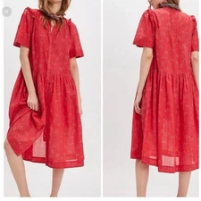 Free People Red Floral Print Button Front Tiered Midi Dress Size S