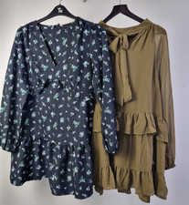 M&S Women's Dresses Size 16 2Pcs Green Blue Mini Tunic Dress Ruffle Pleated NEW