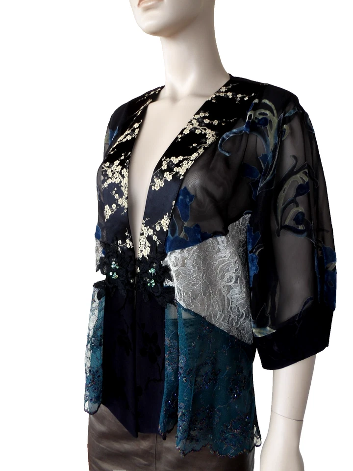 Spencer Alexis Black Teal Cream Floral Crepe Kimono Cardigan Jacket XL Vtg New - Image 4 of 4