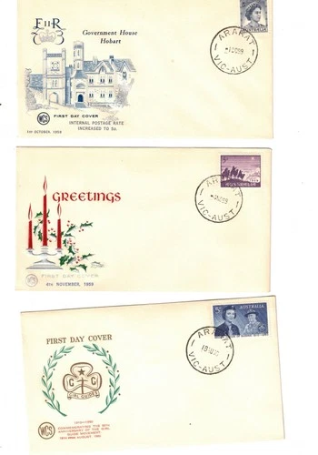 Australia 1959/60 Group on UNADDRESSED WCS FDCs, cds ARARAT Vic  (3)