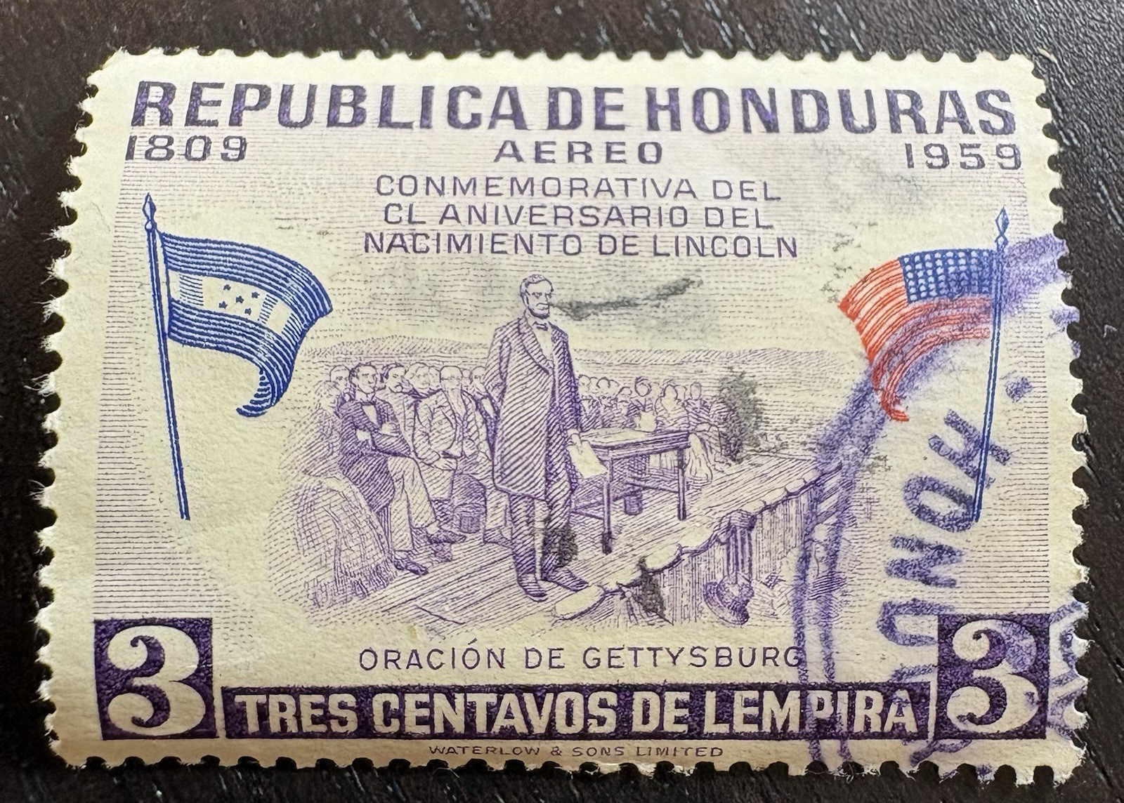 Honduras Lincoln Gettysburg Stamp 1959 Cancelled off paper 3 Centavos 150 Years