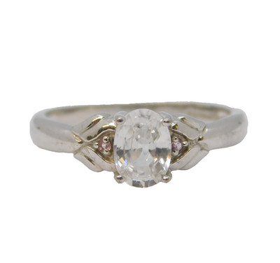Solitärring 9 kt Weißgold Eiszirkon & rosa Saphir Vintage um 2000