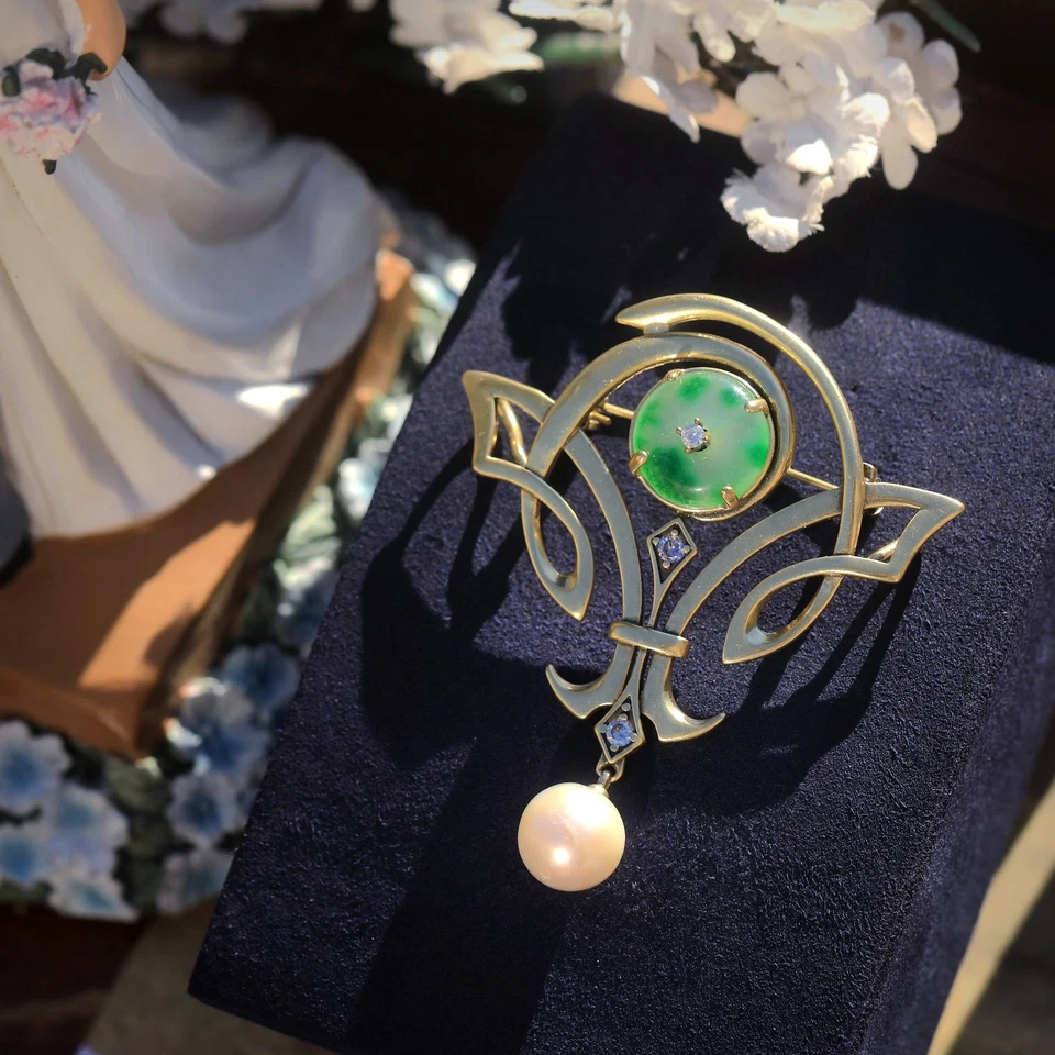 Collier Pendentif Broche Doré Jade Vert Blanc Donut Perle Art Nouveau Style SB38 - Bild 4 von 4