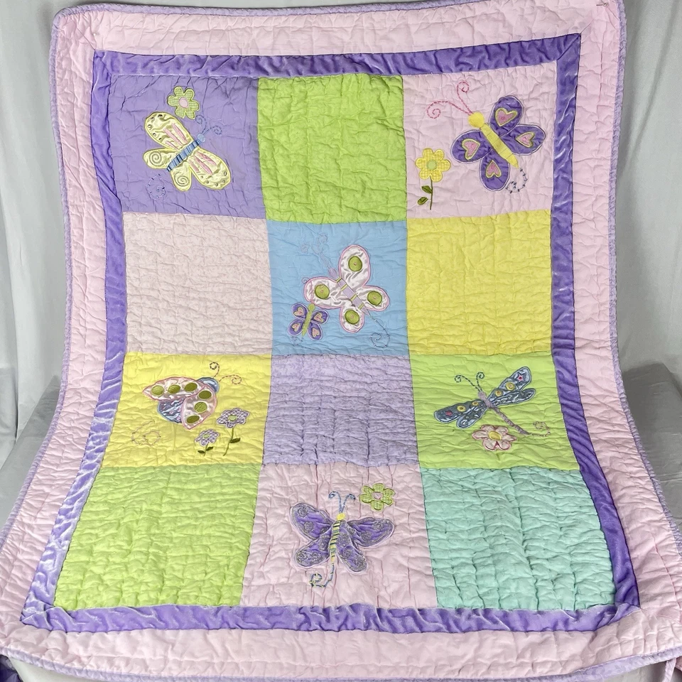 Juego de ropa de cama de cuna de bebé de colección años 90 Y2K 3 piezas retazos mariposa floral pastel terciopelo Foto 2 de 4