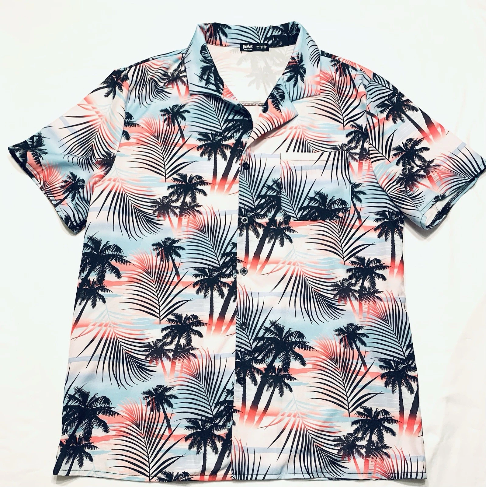 Mens Romwe Size Large Hawaiian Palm Tree Print Short Sleeve Shirt