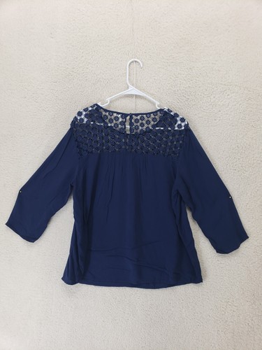 Old Navy Women Top Large Navy Viscose Blend 3/4 Sleeve Embroidered Casual Blouse - Picture 10 of 18