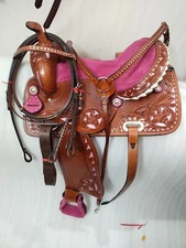 Leather Western Barrel Pink Suede Seat Horse 15" Saddle With Tack Set.