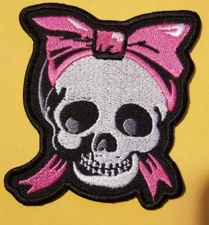 Pink Sugar Skull with bow Embroidered Patch approx 3x3.5"