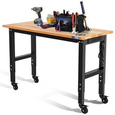 Garage Workbench 48"X22"Adjustable Workbench w/Wheels Rubber Wood Top Heavy-Duty