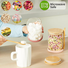 Set of 4 Airtight Glass Jars with Bamboo Lids  Spoons, 17 Oz Borosilicate Ov...