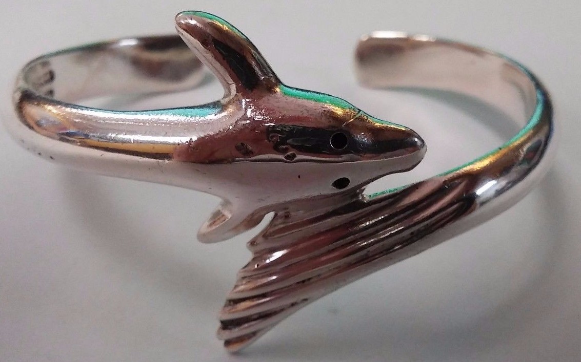 sterling silver dolphin bangle cuff bracelet - image 1