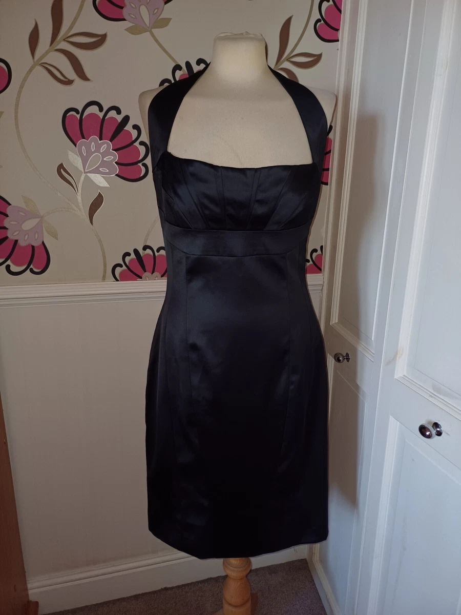 KAREN MILLEN BLACK SATIN BOW TO BACK MIDI WIGGLE PENCIL DRESS SIZE