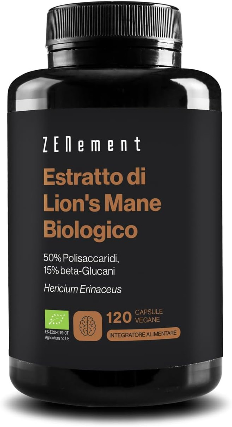 Lions Mane Bio, 120 Capsule Vegane | Hericium Erinaceum Mushroom Con 50% Di Poli