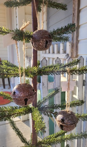 Primitive Rusty Glitter Jingle Bell Ornaments 2.5" Set of 3 NWT Christmas Winter - Picture 2 of 7