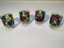 Set Of 4 Vintage Libbey Footed 5oz Juice Glasses, Stained Glass Fruit 70s