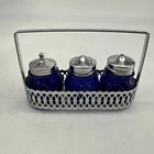 Vtg Cobalt Blue Glass CONDIMENT 7Pc SET CHROME And HOLDER READ DES.