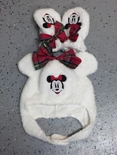 DISNEY STORE Minnie Mouse 18-24M Hat w/Ears Plaid Bow Mittens NEW Fluffy (1B698)