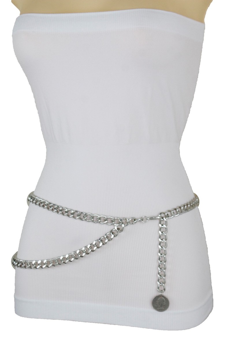 silver chain belt for dress Women Club Wear Belt Silver Metal Chain US Coin Quarter Charm Buckle Plus  XL XXL