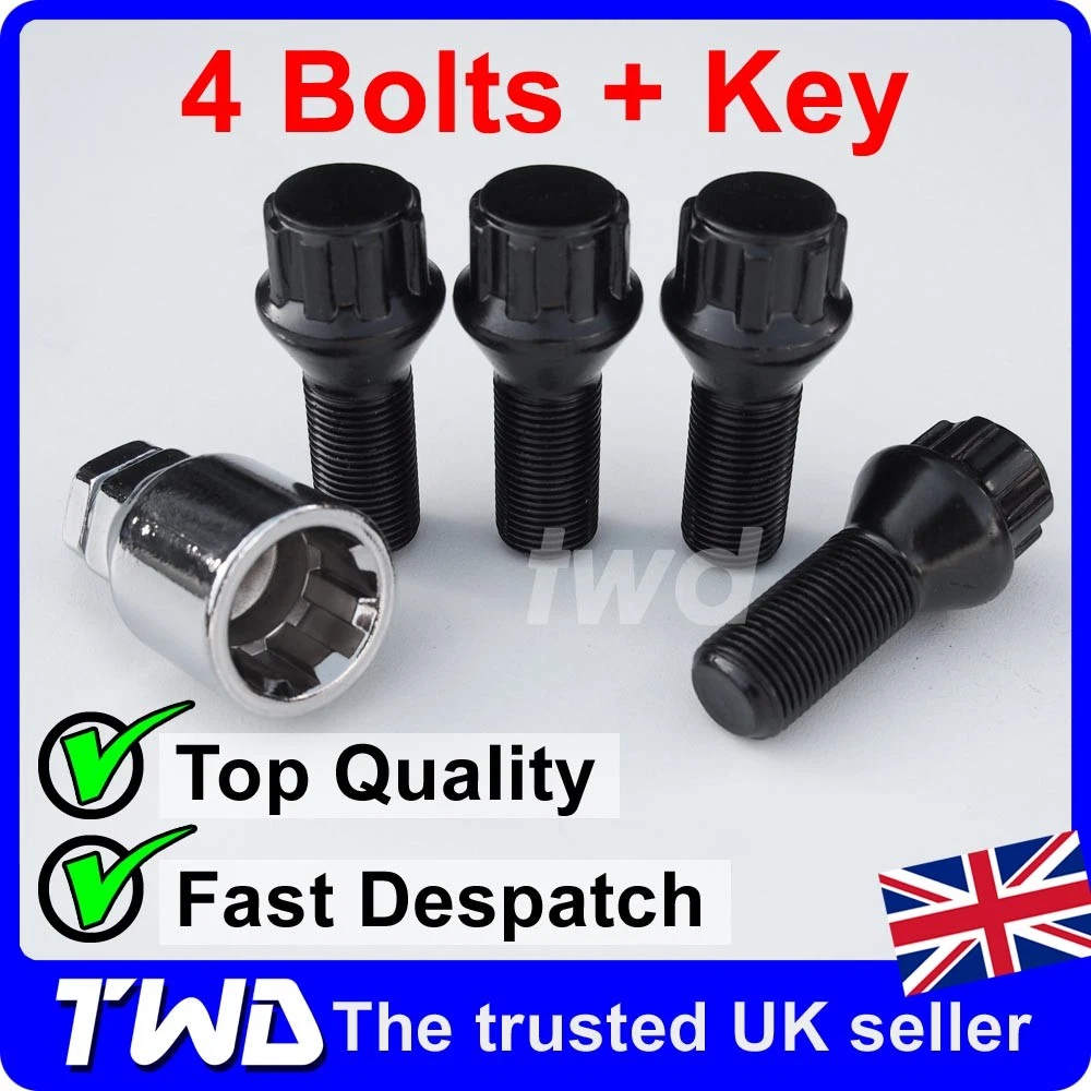 BLACK ALLOY WHEEL LOCKING BOLTS FOR BMW M14x1.25 14MM SECURITY LUG NUT Kb