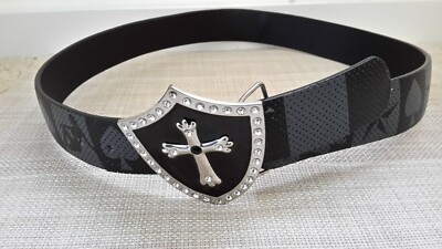 小物 cristal cross buckle leather belt Black Faux Leather Silver Cross Embellish Belt Metal Buckle Mens