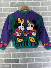 Vtg Girls 90s Mickey Minnie Mouse Sweater Purple Bikes Hearts USA Size M