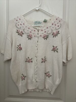 Vintage Colleen s Collectebles Sweater Size Med Cardigan 3D Flowers Ivory Pink