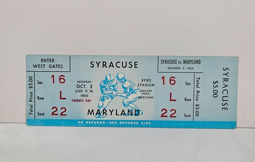 1965 Syracuse University vs Maryland Football Game Unused Full Ticket - Picture 8 of 16