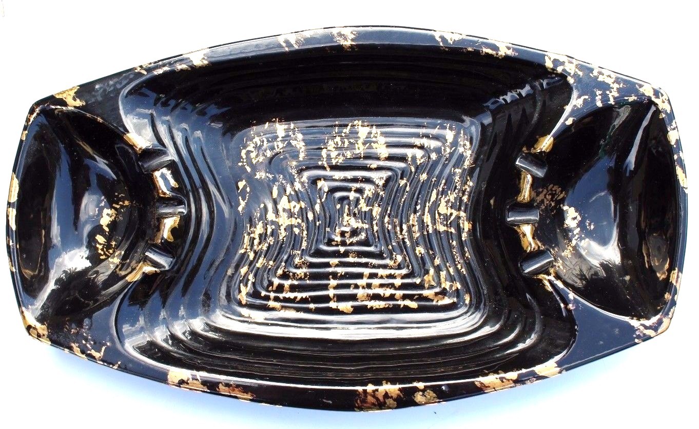 Vintage Large Mid Century Modern Retro California Pottery Black & Gold Ashtray