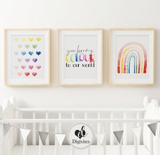 Colourful Bright Baby and Children's Wall Art Print set of 3, Rainbow, hearts