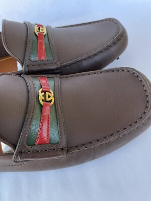 GUCCI Mens Aryton Web Stripe Brown Leather Moccasins 648039 