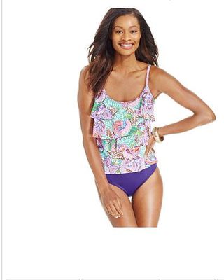 NWT Miraclesuit Printed Tiered Ruffled Tankini Top 10 $110 Summer 2016