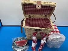 Wicker Picnic Basket w/ Leather Shoulder Strap And Lining-unused-Large 13"X13"