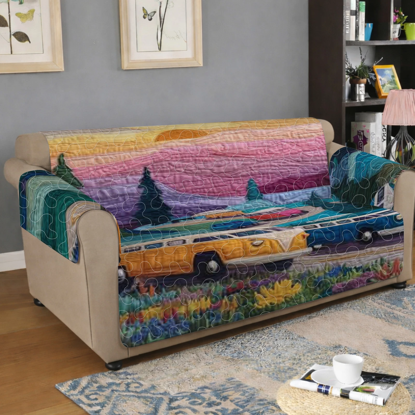 Quilted Sofa Cover, Retro Camper Van Theme Couch Protector, Road Trip Decor Sofa Slipcover