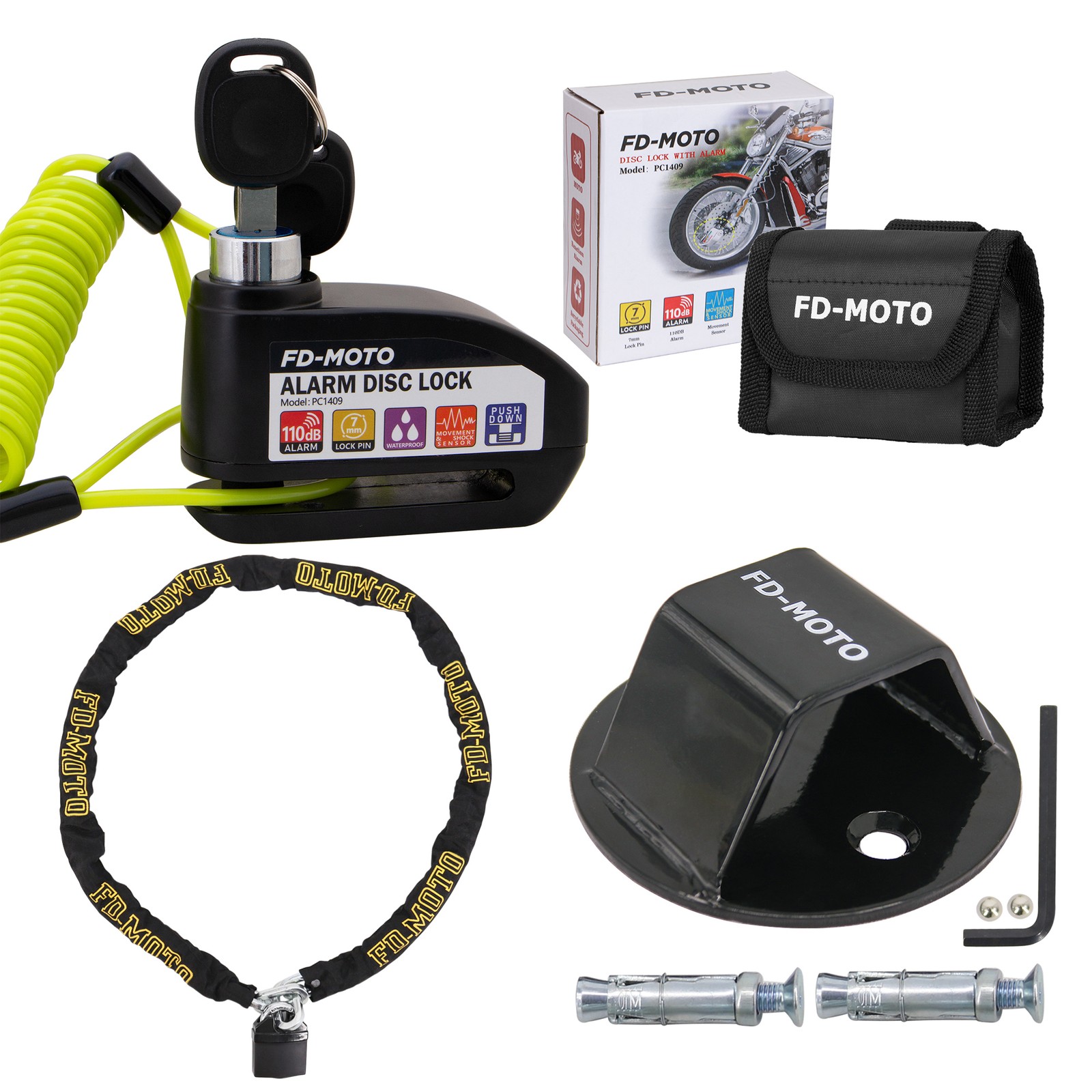 FD-MOTO 1.8M*10mm Motorbike Chain Pad Lock & Ground Anchor & Black Alarm Lock