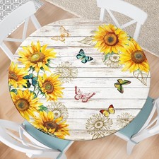 Sunflower Round Fitted Tablecloth with Elastic Edge Wood Texture Floral Outdo...