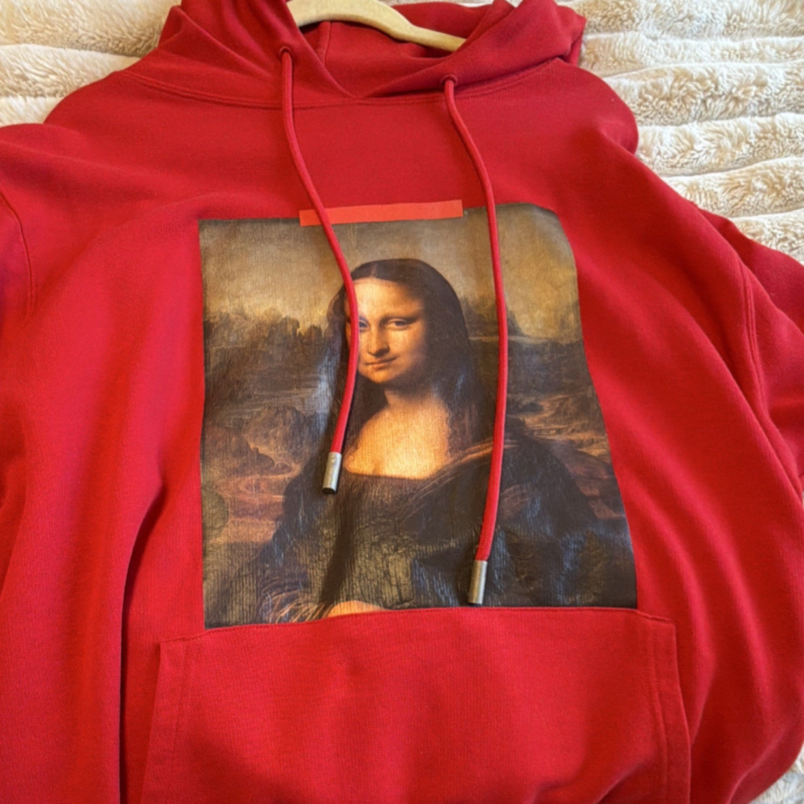 Off-White Temperature Mona Lisa Graphic Red Fleece Hoodie Men's L