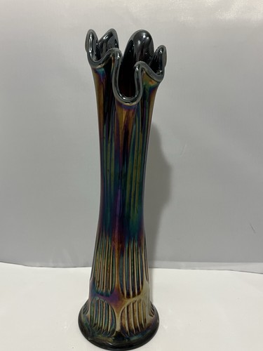 VTG Fenton Carnival Rainbow Iridescent Amethyst Ribbed Glass Swung Vase 11"