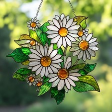 Daisy Flower Acrylic Suncatcher Faux Stained Glass Window Hanging with White P
