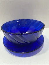 Blue Glass Swirl Bowl And Saucer. Made In France Duralex