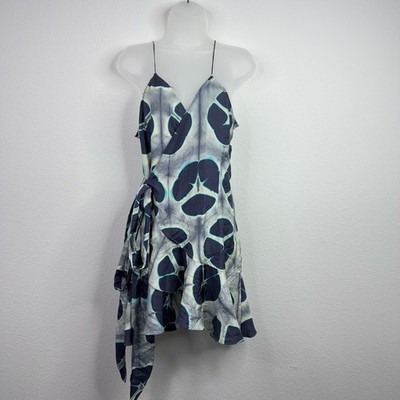 Alexis Dress Womens L Grey Blue Silk Abstract Floral Hawaiian Whimsical Wrap