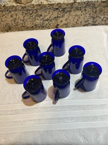 Vintage MCM Set Of 8 (dark) Cobalt blue glass coffee/drink mugs Anchor Hocking