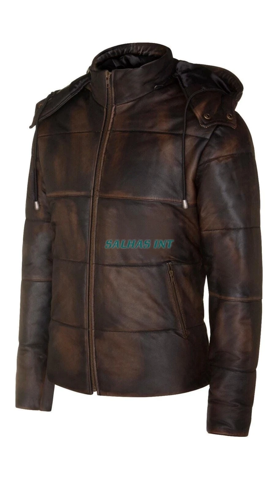 Men's Puffer Leather Bomber Jacket Quilted Vintage Brown Lambskin Hooded Jacket